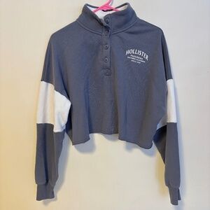 Hollister Drop Shoulder Oversized Mock Neck Crop Sweater Button Blue Grey Medium